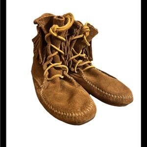 Minnetonka Brown Suede Moccasins with Yellow Laces